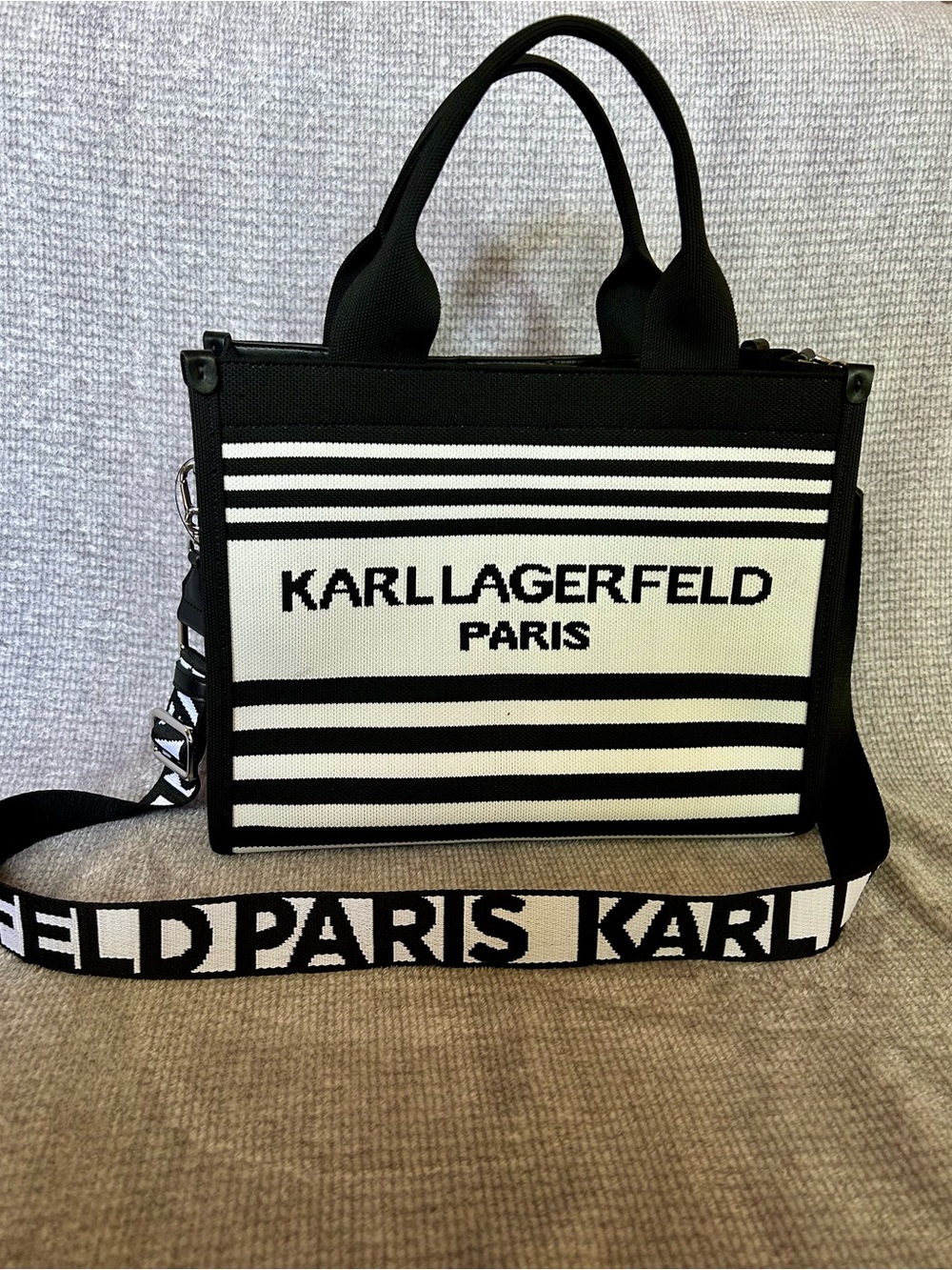 NWT Karl Lagerfeld Paris Black & White Striped Large Knit Tote